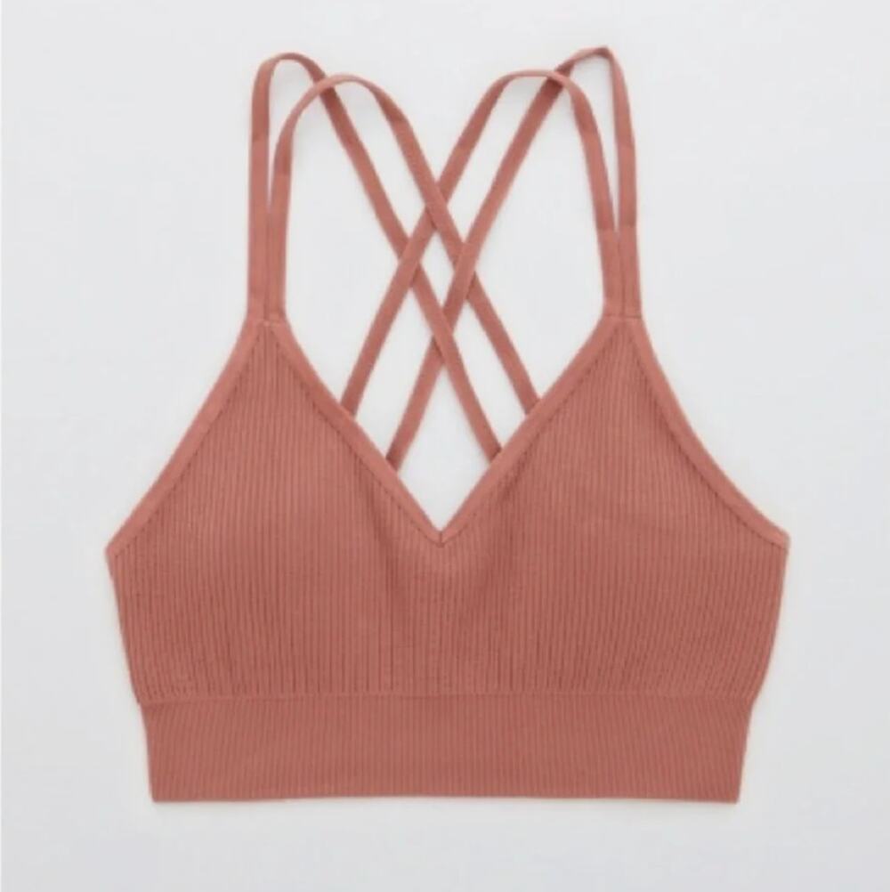 Aerie mauve seamless ribbed strappy removable padded v-neck bralette medium